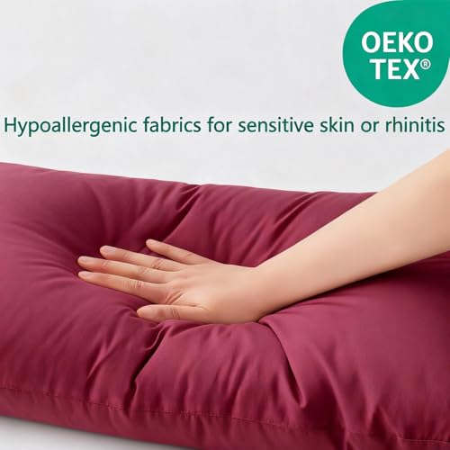 Image of Flat Ultra Thin Bed Pillows King Size Pillow Set of 2 Extra Soft Down Alternative for Stomach Back Sleeper Burgundy 20x36inches