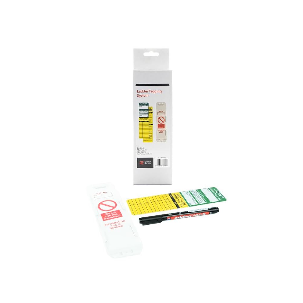 Ladder Inspection Tagging Kit - 10 Holders, 10 Polypropylene Inserts & 1 pen | Ladder Safety Tag System | Equipment Inspection Tags for Workplace & Construction