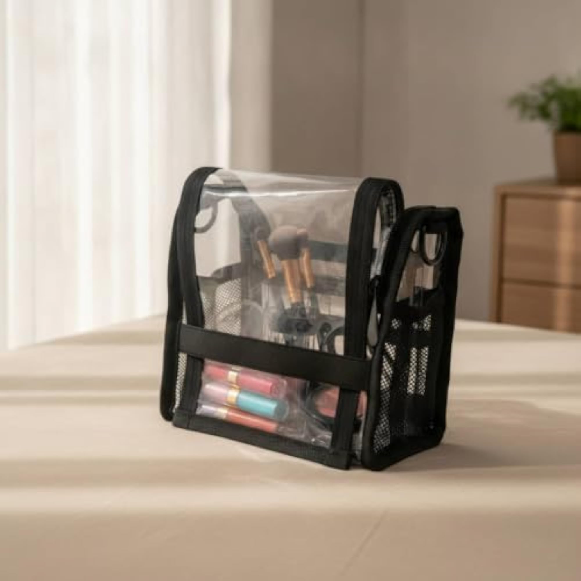 Easy to Clean Cosmetic Case, Double Layer Transparent Makeup Bag