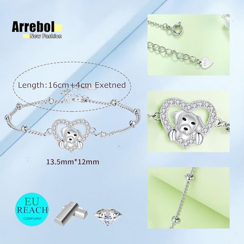 Arrebol Hund Armband 925 Sterling Silber Damen Welpen Haustier Liebhaber Armbänder Original Schmuck für Schwester Freundin Tochter, Verstellbarer [16+4cm]