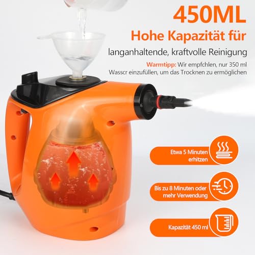 Gaethra Dampfreiniger, 1050W Dampfreiniger Handgerät mit 11 Zubehör, 3,5 bar Chemikalienfrei Dampfreiniger Handgerät mit 450 ml, 105℃ Steam Cleaner für Alles Möbel, Teppiche, Badezimmer, Sofa, Boden