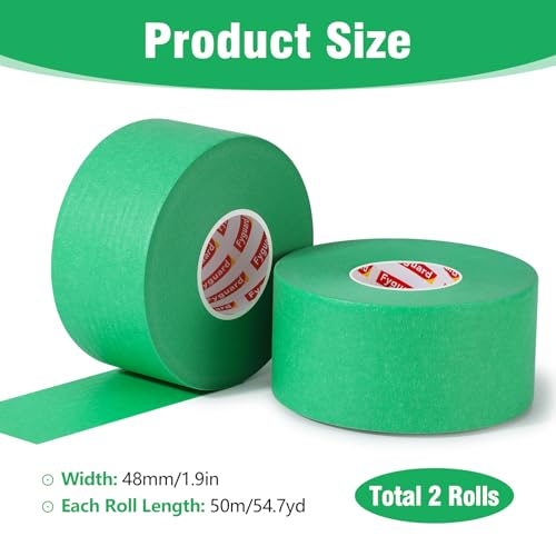Image of 2 Rolls Masking Tape Green, 48mm x 50m Decorating Tape Painters Tape Wide Heat Resistant Easy Removal for Painting Work Protecting Surfaces DIY Crafts