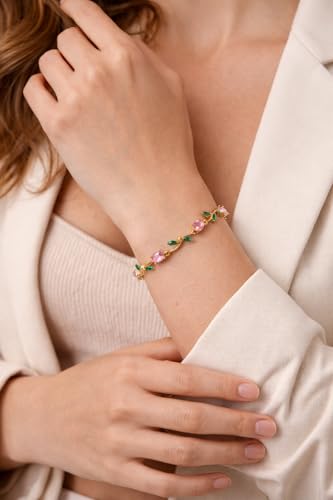 Image of H&K Jewels Tulip Bracelet with Pink Oval Crystals and Green Leaf Accents, Elegant Women's Jewellery|Anti-Tarnish|Vine Korean Design|Gift for GF and Wife