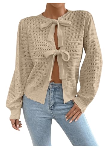 GORGLITTER Women's Long Sleeve Tie Front Cardigan Fall Sweaters Lightweight Crochet Knit Tops