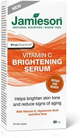 Jamieson ProVitamina Vitamin C Brightening Serum Skincare, with Aloe, Antioxidant, Brighten Skin Tone, Stimulate Collagen Production, Rejuvenate Damaged Skin, Non-Greasy, Cruelty-Free, All Skin Types, 30 mL Pump Bottle, Proudly Canadian