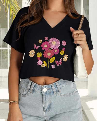 Image of Womens Crop Tops Short Sleeve V Neck Summer Cropped T Shirts Baisc Tees