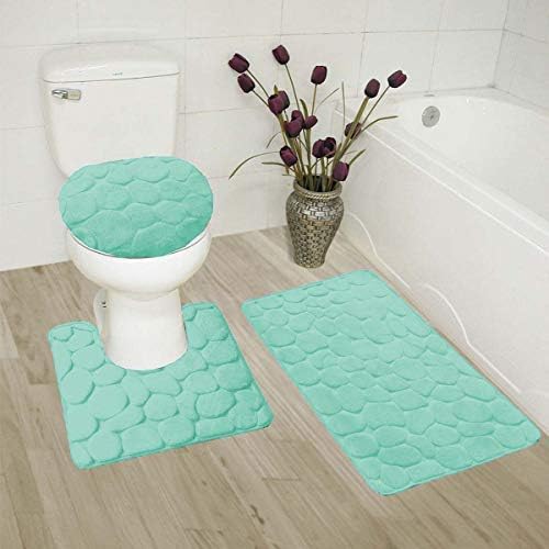 Smart Linen 3 Piece Stone Solid Embossed Memory Foam Set Non-Slip Bath Rug with Rubber Backing, Contour Mat, and Toilet Lid Cover #Rock (Aqua Blue)