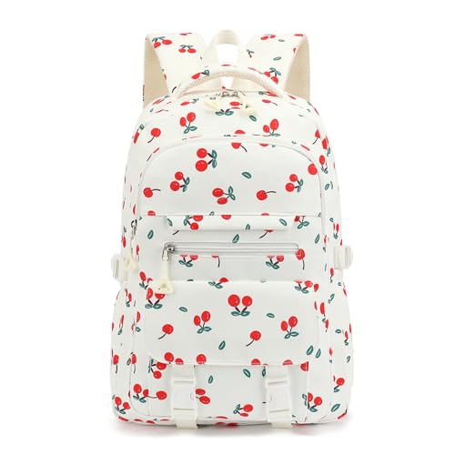 Image of Kids High Middle School Backpack for Girls 5-12 Kawaii Travel Cherry Bookbag,Beige Cherry