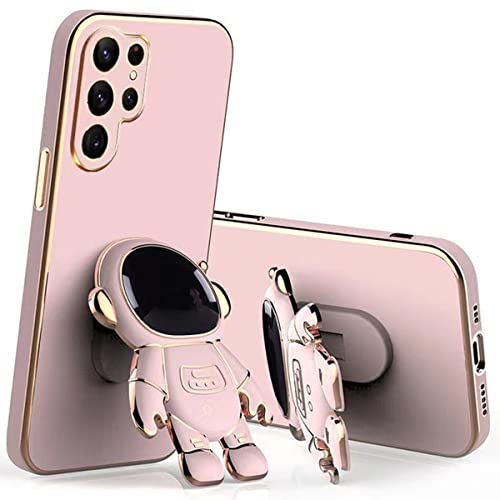 Sunswim Case for Galaxy S22 Ultra 6D Plating Astronaut Hidden Stand Case Astronaut Folding Bracket Shockproof Protective Phone Case for Samsung Galaxy S22 Ultra with Camera Lens Protector Cover-Pink