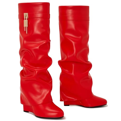 Image of Fold Over Boots for Women Pointy Pull-on Wedge Heel Knee Shark Boot With Side Zipper Padlock Design