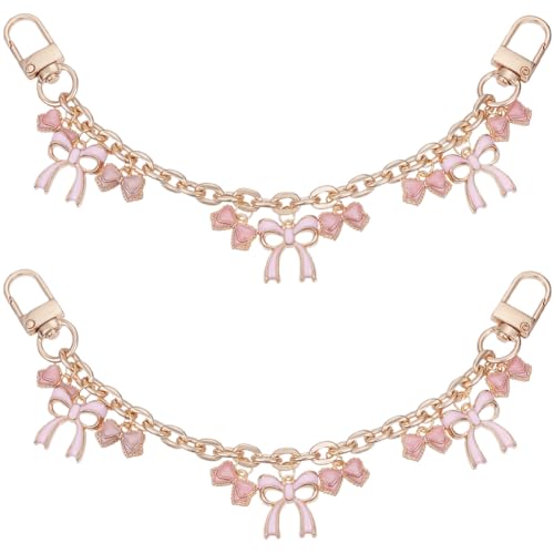 Beebeecraft 2Pcs 8 Inch Purse Chain Strap Replacement Alloy Bag Extender Chain with Enamel Pink Bowknot Charms Handle Extender Decorative Bag Chains for Wallets Handbags