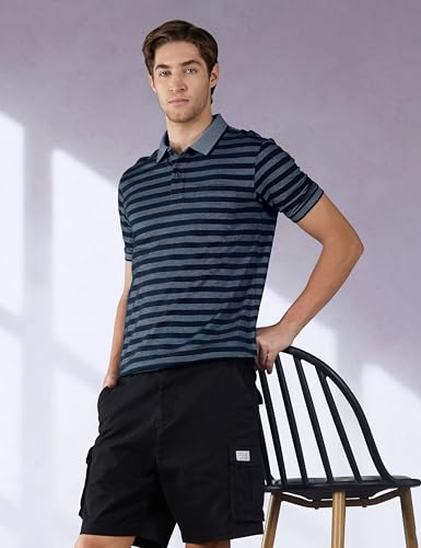 Image of Peter England Men's Cotton-Polyester Blend Striped Polo T-Shirt | Casual Wear | Durable & Trendy