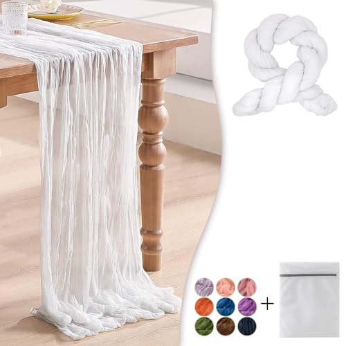 Waligoy White Cheesecloth Table Runner 1 Pack 35 Boho Gauze 120 inches Long Runner Rustic Sheer Fabric Bulk for Baby Shower Wedding Bridal Birthday Party Picnic Table Decorations