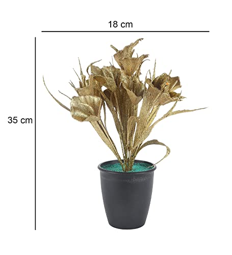 Image of FOLIYAJ Artificial Golden Tulip Plant with Black Pot | Place This Faux Plant on Shelves, Desks, Side or Center Tables to Decorate Your Home or Office | Fake Plants for Interior Decoration
