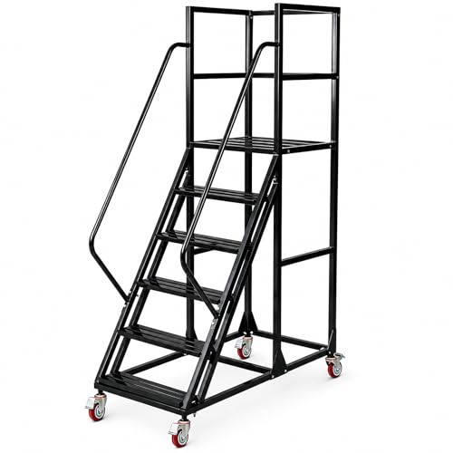 Image of 6 Step Rolling Ladder with Handrails, 1100 lbs Capacity Heavy Duty Mobile Warehouse Ladder with Wheels, Industrial Steel Non-Slip Rolling Stairs with Large Platform, for Garage Stockroom Library