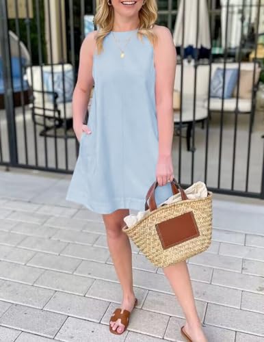 Image of ZESICA Women's 2024 Summer Sleeveless Tunic Mini Dress Casual Crew Neck Backless Sundress Loose Flowy Short Tank Dresses,Blue,Small