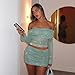 Sexy Two Piece Outfits for Women Mesh Off Shoulder Y2K Going Out Ruched Crop Top Bodycon Mini Skirt Sets Long Sleeve Mini Dress Party Club Outfits Green