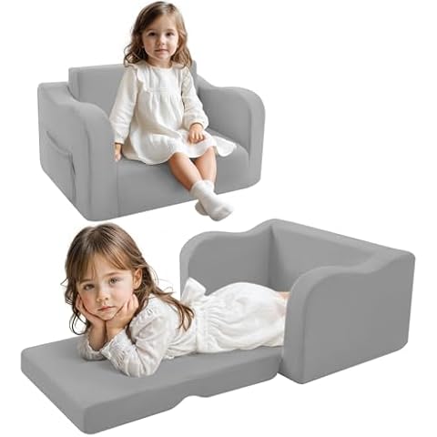 MeMoreCool Fold Out Kids Couch Toddler Chair, Comfy Baby Sofa Kid Lounge Chair for Toddlers 1-4, Convertible Child Recliner Foldable Children Couch Bed, Pull Out Chair for Boy Girl, Grey Cover