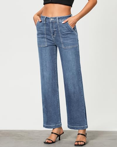 GRAPENT Jeans for Women High Waisted Straight Leg Jeans Stretchy Trendy Wide Leg Denim Pants Jean Trousers Patch Pockets4