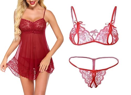 Image of SSoShHub Lace Babydoll Lingerie Sexy Mini Chemise Mesh Wedding Nightie Bridal Nightdress with Bikini