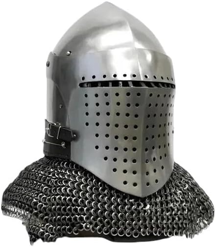 LIARA-Medieval Knight Helmet with Chainmail, Steel Armor, Perforated Visor