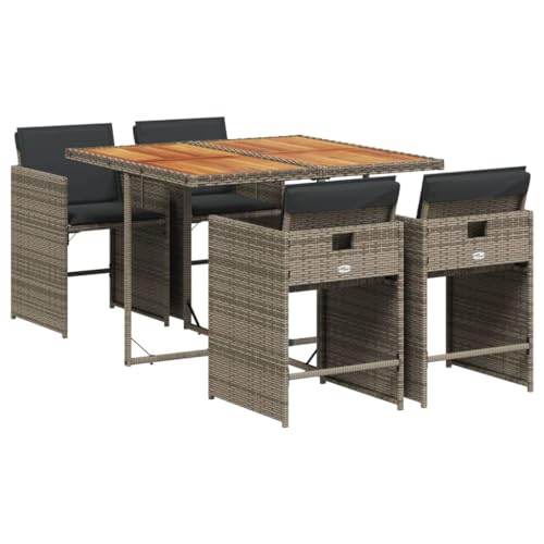 Image of 5-Piece Outdoor Dining Set with Gray Brown Dark Gray Cushions, Rectangular Table and Foldable Chairs for Patio Garden Balcony, Weather-Resistant Steel Frame and Poly Rattan