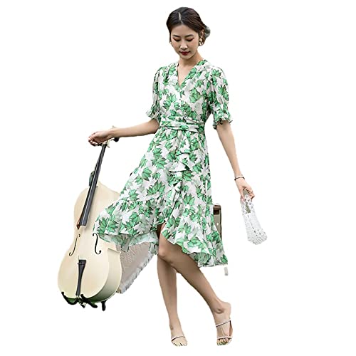 Robe d'été en soie verte fluide anti-chaleur à coupe midi unique