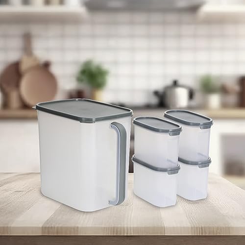 Image of KOLORR Modular Plastic Containers Set for Kitchen Storage Combo, Set of 5 (1100ml x 4 / 9000ml x 1) | Dry Food Organizer | Air Tight Grocery Jar /Container with Scoop | Food Grade | Transparent