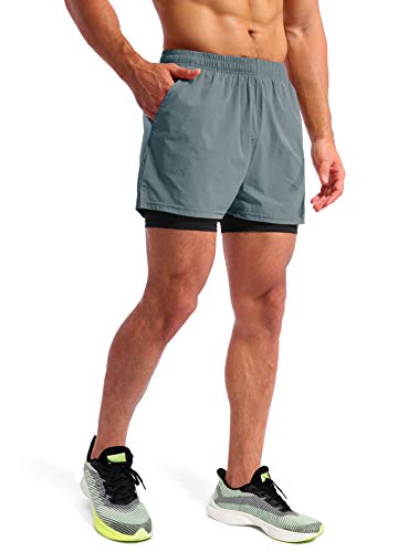 Image of Pudolla Men's 2 in 1 Running Shorts 5 inch Quick Dry Gym Athletic Workout Shorts for Men with Phone Pockets
