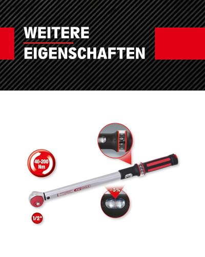 KS Tools Drehmomentschlüssel 1/2 Zoll 516.6042 I 40-200 Nm I Präzisions Schraubenschlüssel mit...