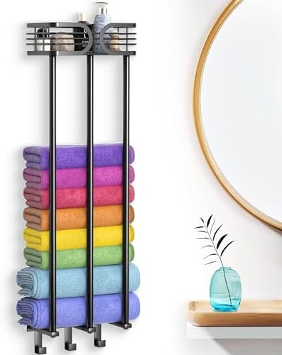 OVICAR Porte-serviettes Pour Salle De Bain – Rangement Mural Pour Serviettes Enroulées Avec étagère En Métal Et 3 Crochets, 3 Barres Pour Petite Salle De Bain, Organiseur De Serviettes De Bain (noir
