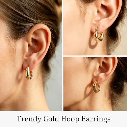 Image of Wgoud 6 Pairs Chunky Gold Hoop Earrings for Women, 14K Gold Plated Hoop Earrings Hypoallergenic, Thick Lightweight Twisted Huggie Hoops Earring Set for Women's Jewelry GIfts