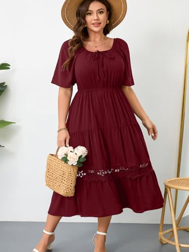 Image of RWJ Women's Plus Size Maxi Dress Short Sleeve Square Neck Flowy A-Line Lace Trim Flutter Party Casual Off Shoulder Dresses