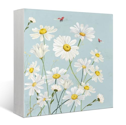 Spring Daisy Blue Wooden Box Sign Summer Decorations For HomeRustic Wood Block Plaque for Tabletop Shelf DecorDaisy Gifts for womenHome Accessories Decor 5 x 5 Inch