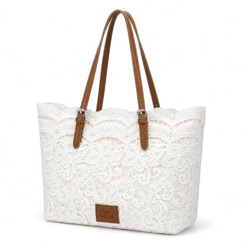 White Lace Purse for Women, Boho Shoulder Handbag with Ribbon Detail and PU Leather Strap, Beige Summer Small Tote Bag for Beach Vacation, Travel, Shopping and Daily Use - image 1