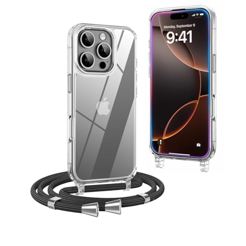 OLEPHY Handykette kompatibel mit iPhone 16 Pro Max Hülle mit Band (6,9 Zoll), Handyhülle mit Verstellbarem und Demontage Umhängeband, Transparent Stoßfeste Schutzhülle zum Umhängen Kordel, Schwarz