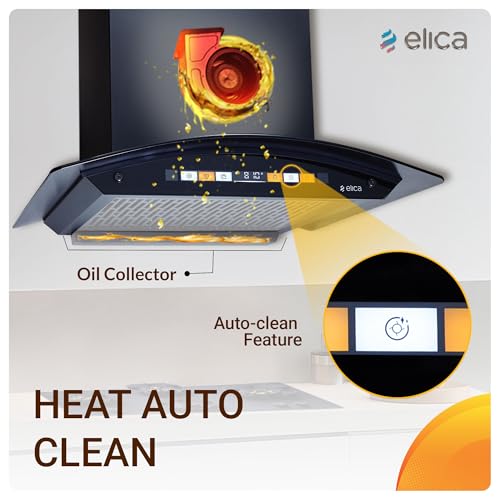 Image of Elica 60cm 1600 m3 /hr Filterless Autoclean Curved Glass Kitchen Chimney|15 Yrs Motor & 5 Years Comprehensive Warranty|Black | Orange Touch Control Panel+Motion Sensor| WD HS ORG FL 600 HAC LTW MS NERO