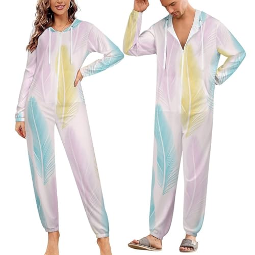 TVUGHGI Pink Blue Feather Onesie Pajama for Man Woman Long Sleeve Fashion One-Piece Costumes Hooded Zip-up Jumpsuit S