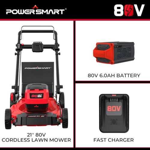 Image of PowerSmart Lawn Mower, 80V /21 Cordless Electric Lawn Mower, Push Lawn Mower, 3-in-1 Brushless Battery Lawn Mower with 6.0Ah Battery&Charger for Garden