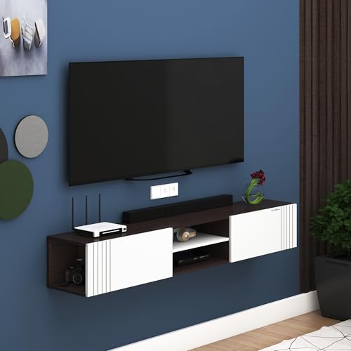 Image of Anikaa Nimbus Wall Mount TV Unit Cabinet | Modern Entertainment Center with Storage, Drawers, Shelves & Soft-Close Doors | Stylish Floating TV Stand for Up to 50 inch TVs - Wenge /White (DIY Installation)