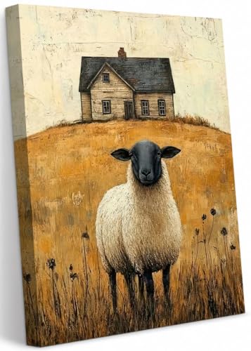 Sheep And Farmhouse Canvas Wall Art, Vintage Cottagecore Sheep Painting Picture Wall Decor, Country Farmhouse Animal Poster Print Artwork for Living Room Bedroom Home Decoration 16x24 in Framed
