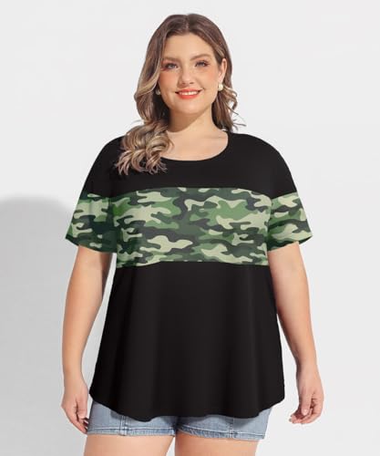 Image of CARCOS Plus Size Tops for Women Short Sleeve Summer Pullover Color Block Crewneck /V Neck Tee Tunic Loose Fit Tshirts XL-5XL