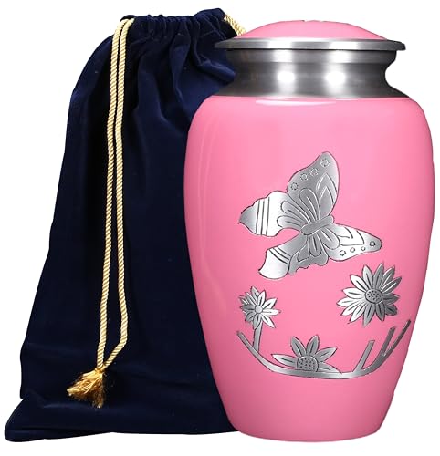 Image of ALPHA Living HOME Cremation Urns for Human Ashes Adult, Handcrafted Aluminum Memorial Urn, Butterfly Engraving, Velvet Carry Bag, Secure Screw Lid Funeral Burial Urn for Adult Male Female, Pink Silver