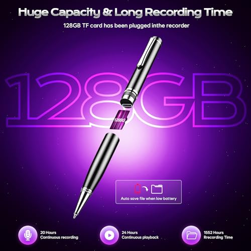 128GB(2400hrs) Digital Voice Recorder, Smart Diktiergerät Geräuschreduzierende Aufnahmegerät, One Touch Aufnahme, Sprachsteuerung Audioaufnahmegerät mit Wiedergabe für Vortrag Meeting Klassen