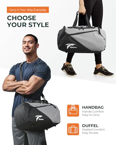 Tolaccea Gym Bag for Men Women, Small Sport Duffel Bag with Shoe Compartment Wet Compartment, Travel Duffel Bag, Weekend Bag Carry On Backpack for Gym, Travel, Fitness, Workout (Grey, 35L)2