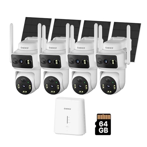 GAIEXCE Solar Dual Lens Security Cameras Wireless Outdoor, Home Dual Lens Security Camera System, No Subscription, 2.4G & 5G WiFi 4MP Night Vision, 64G SD Local Recording Expandable to 10CH