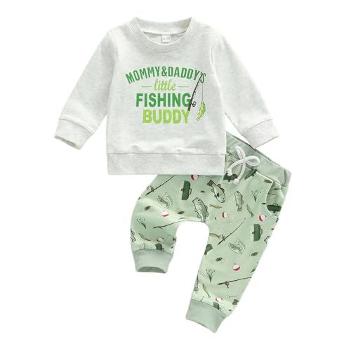 CREAIRY 2Pcs Toddler Baby Boy Clothes Mommy Daddy's Fishing Buddy Sweatshirt Long Sleeve T-Shirt Tops Pants Set Fall Outfits (Gray, 3-6 Months)