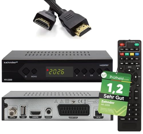 [ Test SEHR GUT, Note 1.2 *] Zehnder HX 2200 Sat Receiver + HDMI Kabel, mit Aufnahmefunktion, HD fähig, Full HD, Digital Sat-Receiver für Satellitenschüssel Satelliten TV Fernseher, HD-Receiver