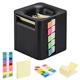 5-in-1 Sticky Note Dispenser and Holder with Pop Up Notes, Transparent Tabs, Magnetic Paper Clip Holder, Roll Sticky Notes - Multifunctional Cube Desk Organizer for Office, School & Home (Black)