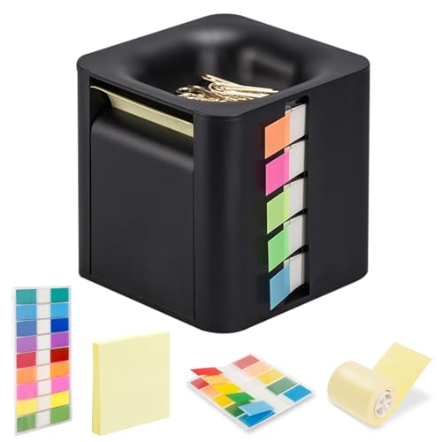 5-in-1 Sticky Note Holder & Dispenser - Pop Up Sticky Notes and Transparent Tabs, Magnetic Paper Clip Holder, Roll Sticky Notes - Multifunctional Cube Desk Organizer for Office,School & Homel(Black)